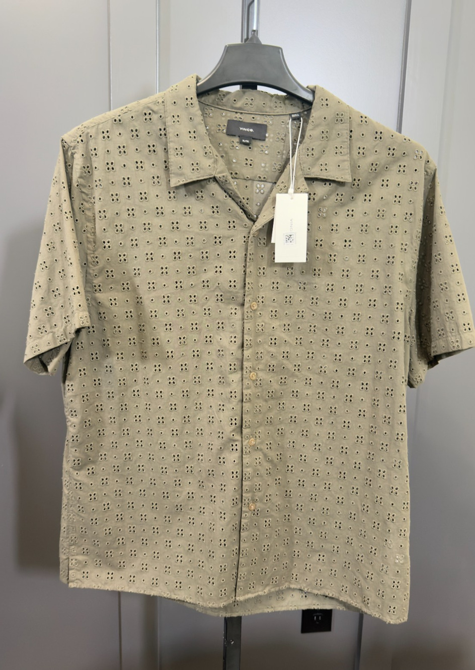 VINCE. Short Sleeve Eyelet Embroidered Shirt Olive Green XL NWT